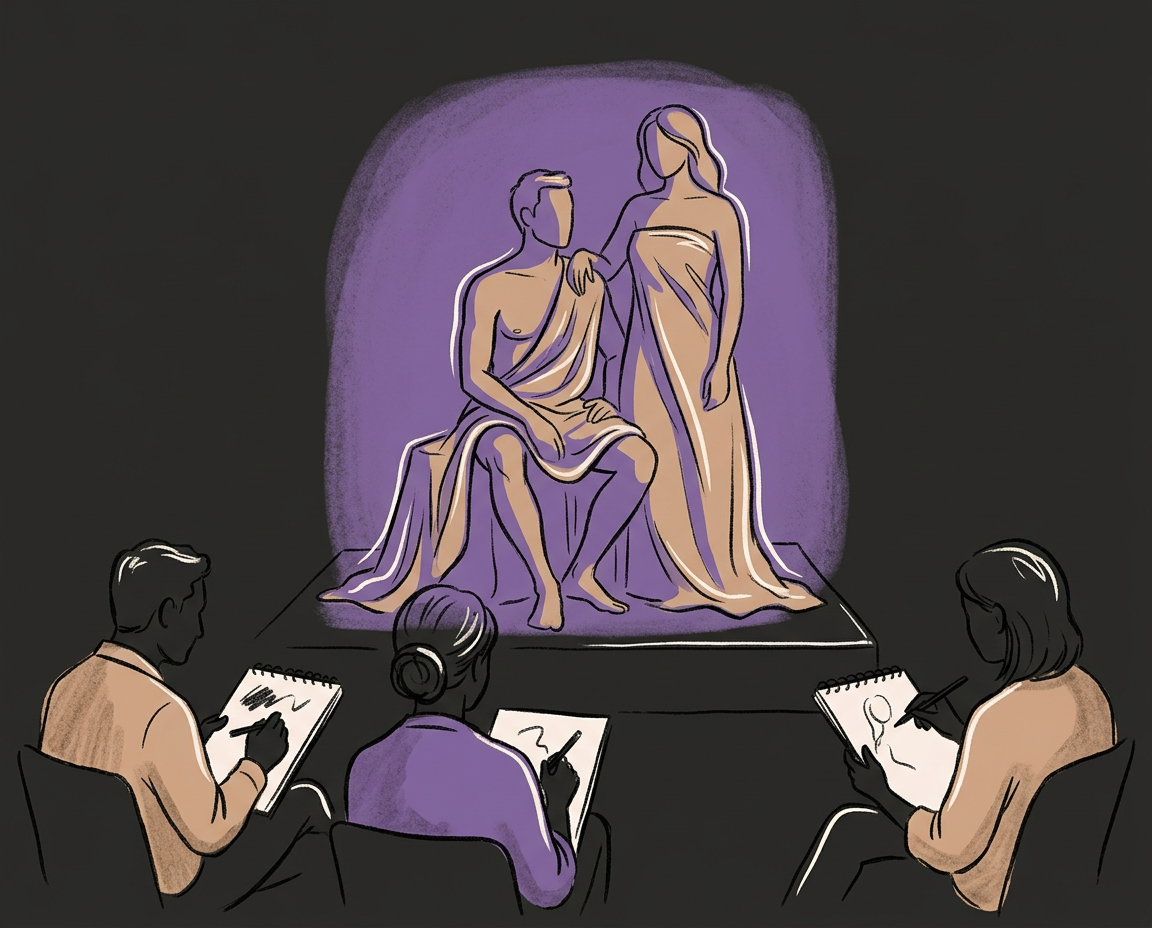 Line-art illustration of a mixed-gender team sketching a male and female model posing together at a corporate art workshop in Washington DC