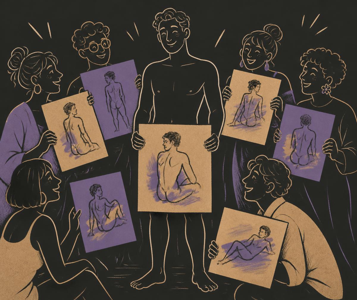 Line-art illustration of guests holding up their finished drawings for a group photo with the figure model at a private party