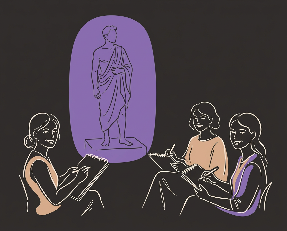 Line-art illustration of wine glasses and sketchbooks representing bachelorette party ideas in Northern Virginia